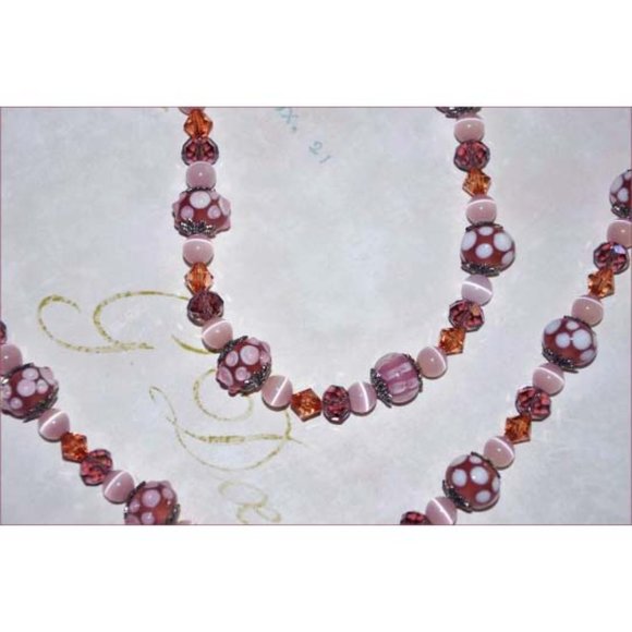 Pink Lampwork Beaded Necklace With Antique Silver Beads & Rose Swarovski Beads - Picture 4 of 5